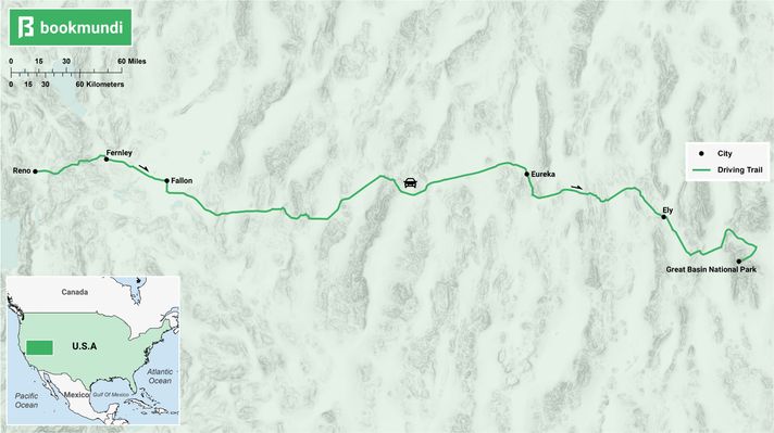 An overview map of the Loneliest Road road trip in USA The Loneliest Road map