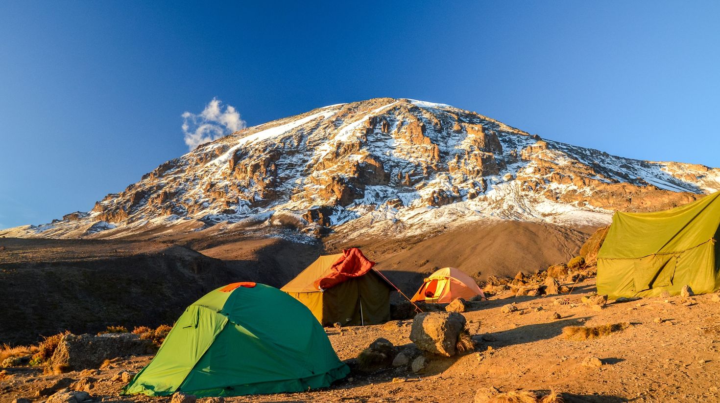 Camps set up by climbers at the base of Mount Kilimanjaro.
