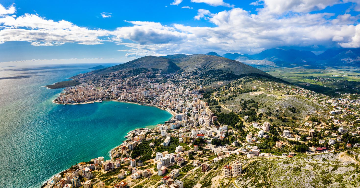 Aerial view of Saranda with Lekuresi Castle in South Albania