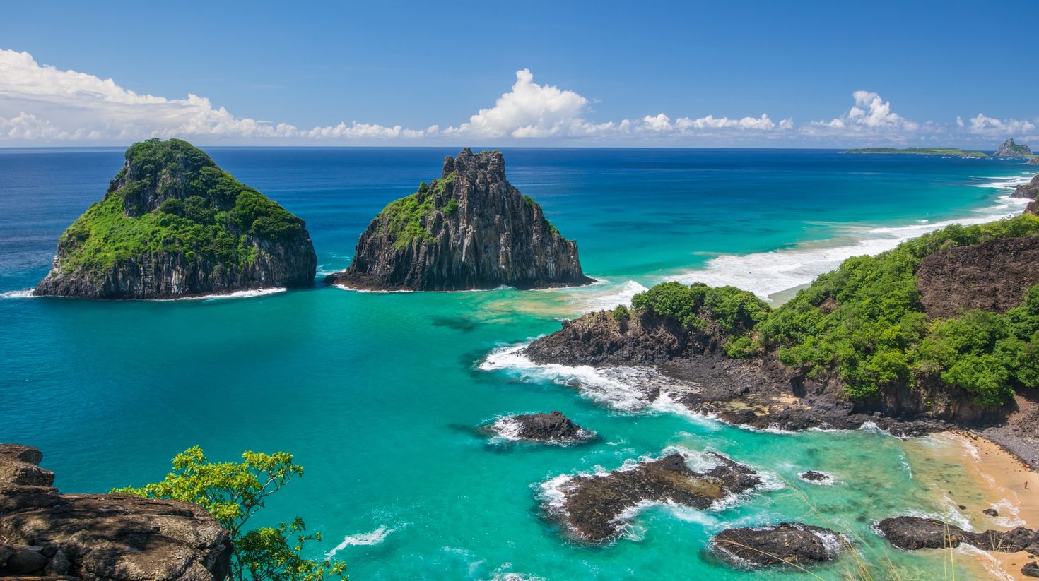 In Fernando de Noronha, Brazil, a wide angle shot of Baa dos Porcos and Cac