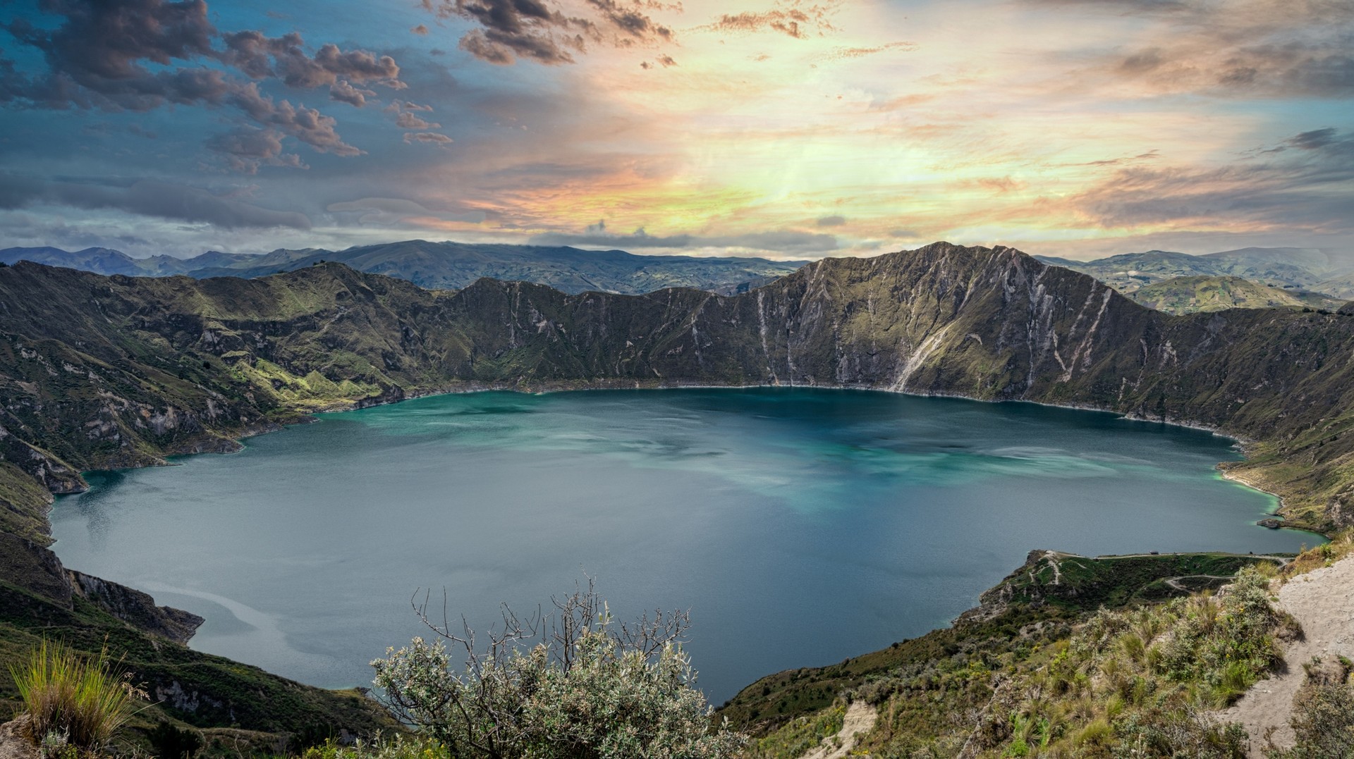 Quilotoa lake is a popular hiking destination in Ecuador. Quilotoa lake in Ecuador.