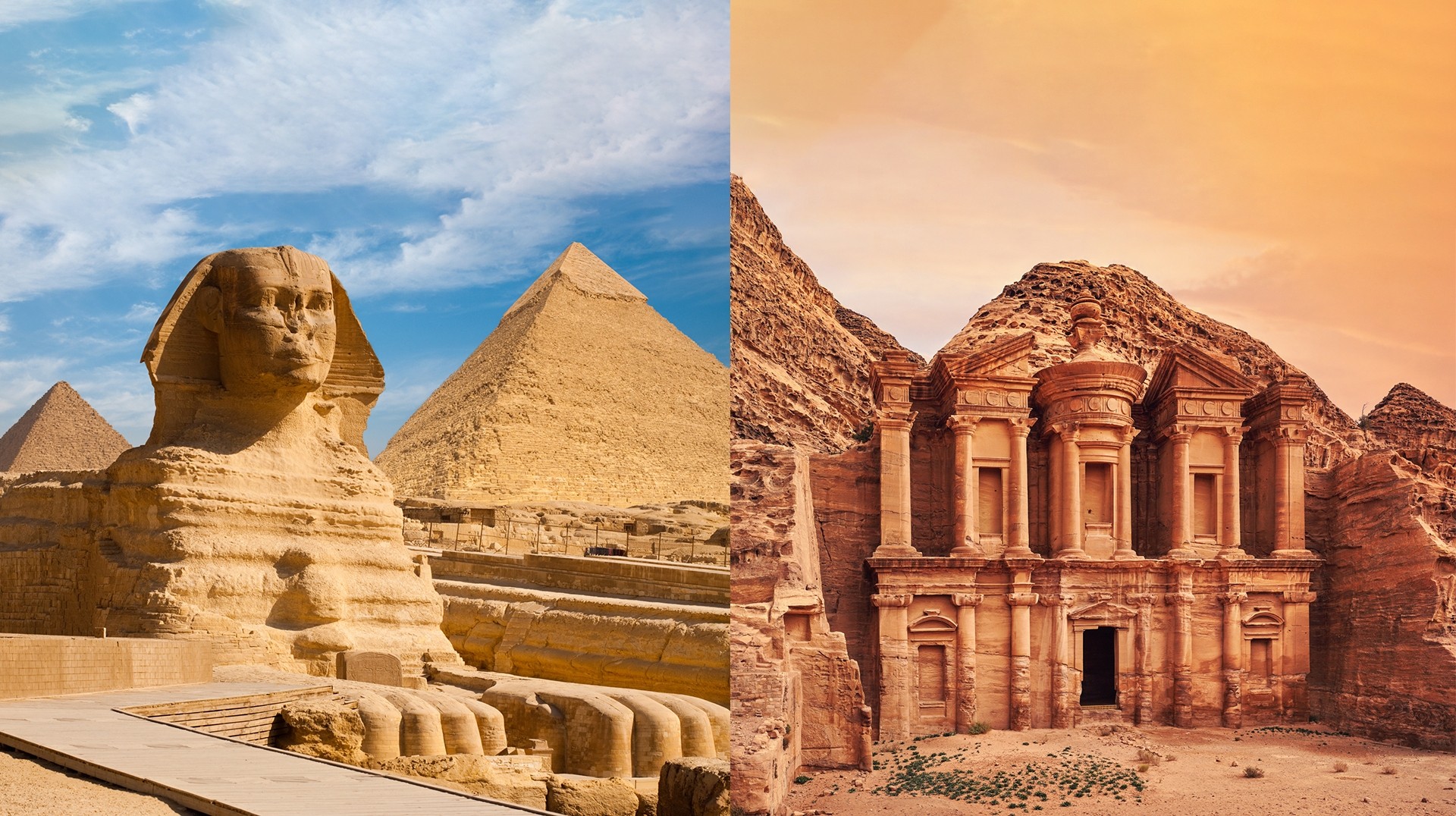 The picture of Pyramids of Giza and The Monastery, best time to visit Egypt and Jordan.