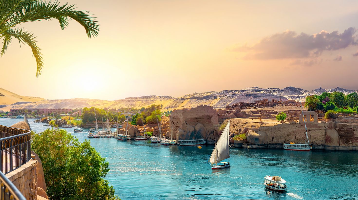 Panorama of Nile River during dusk in Egypt.