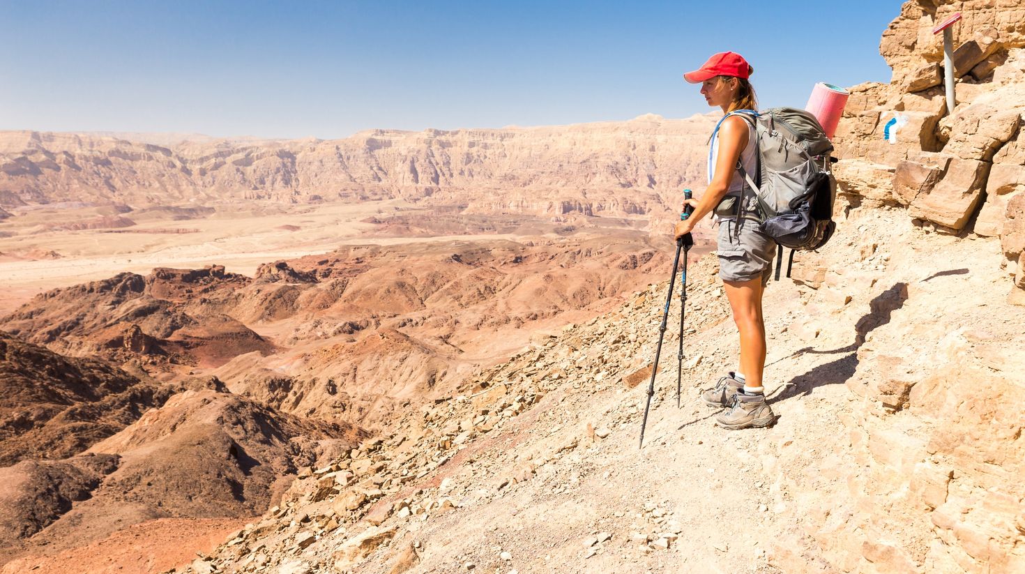 Woman backpacker tourist stands on the cliff edge of a mountain ridge, admi