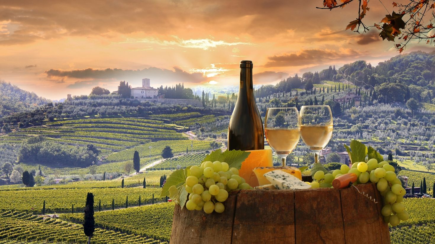 Bottle of wine over the Tuscany in autumn