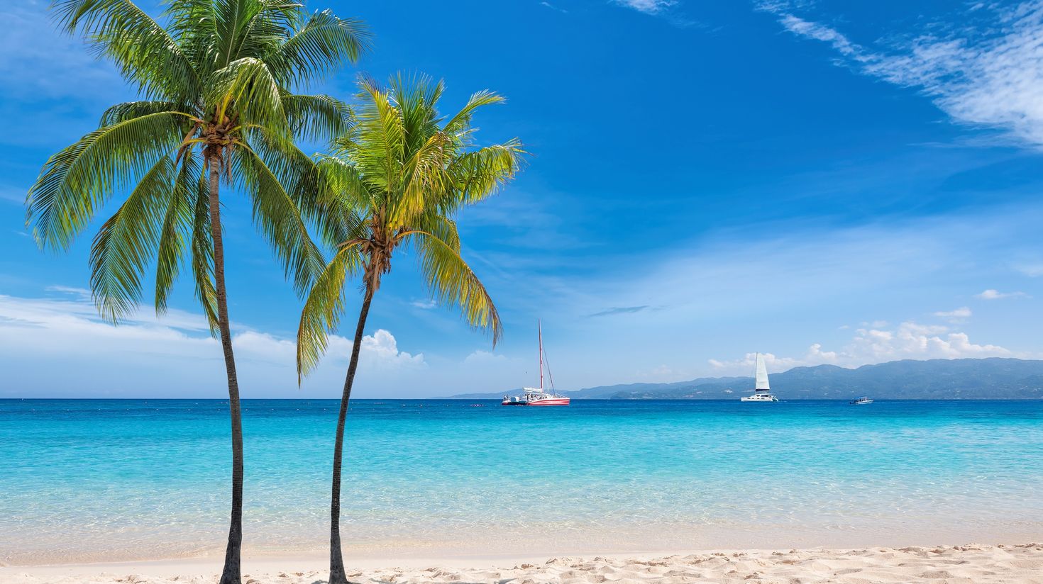 A sunny beach with trees and boats in the distance in Jamaica.