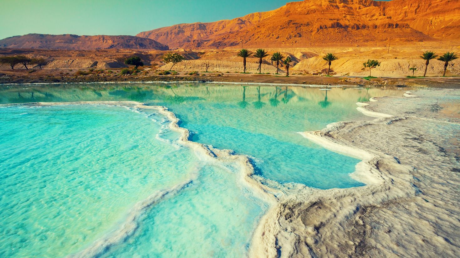 The Dead Sea with salt shore during fall season in Jordan.