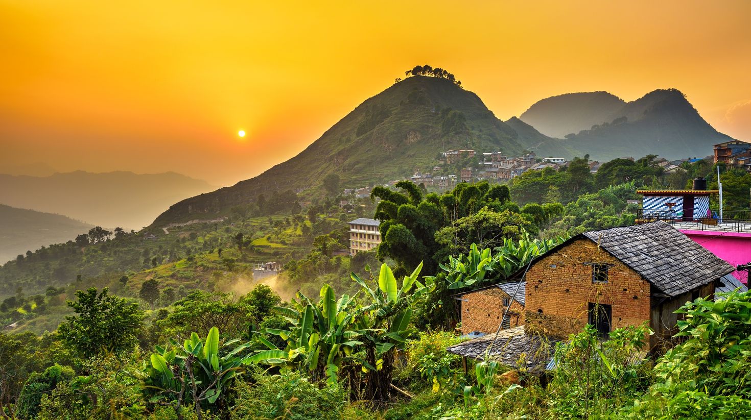 Sunset view above Bandipur village in Nepal.