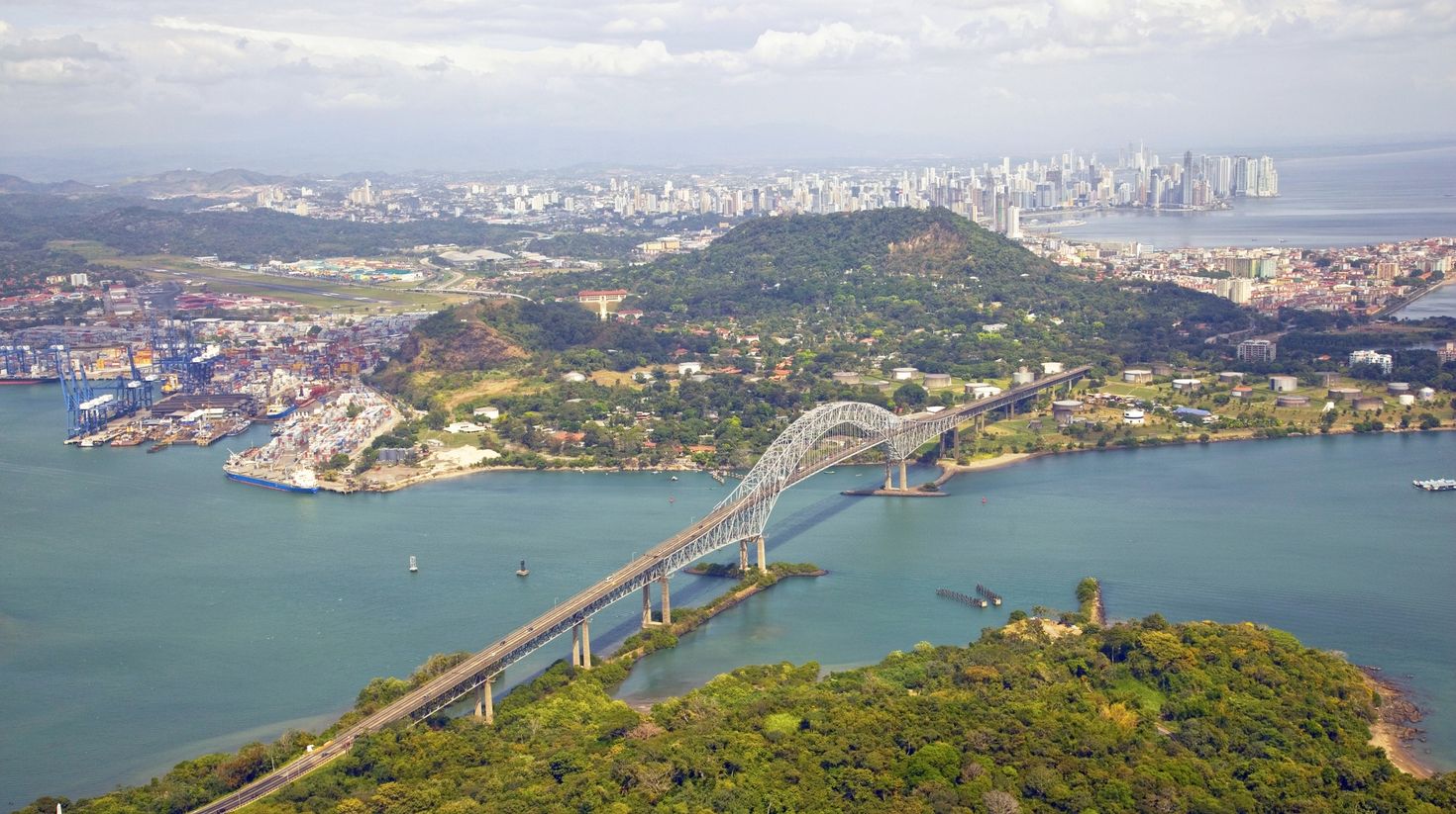 Aerial view of Bridge of the Americas at the Pacific entrance, Panama City