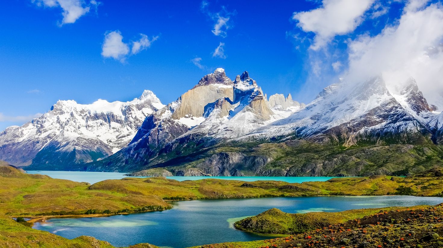 Torres del Paine National Park with beautiful Andes mountain range.