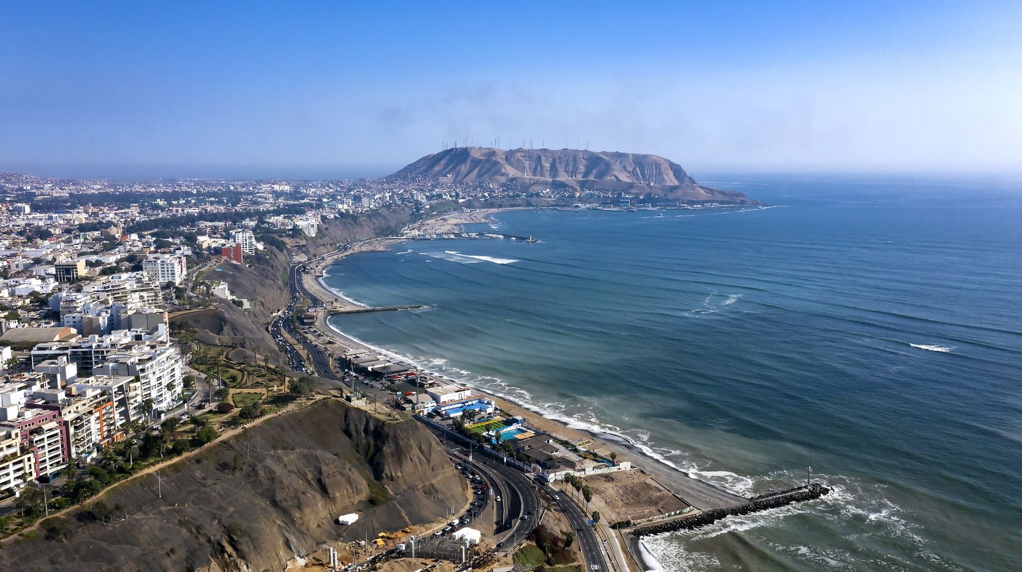 The shoreline of Lima including the districts of Barranco and Chorrillos.