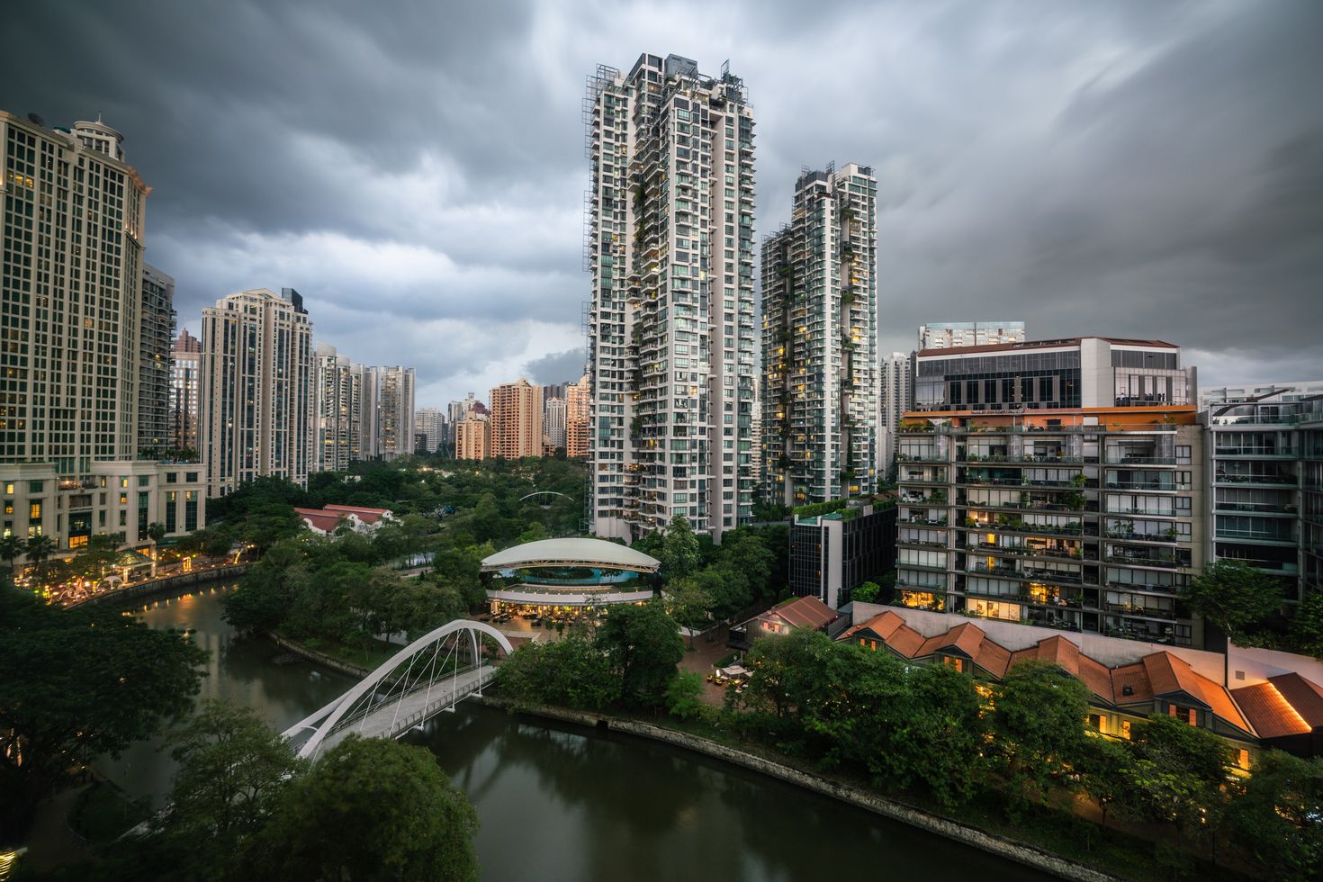 Singapore aerial river view during a stormy weather.
