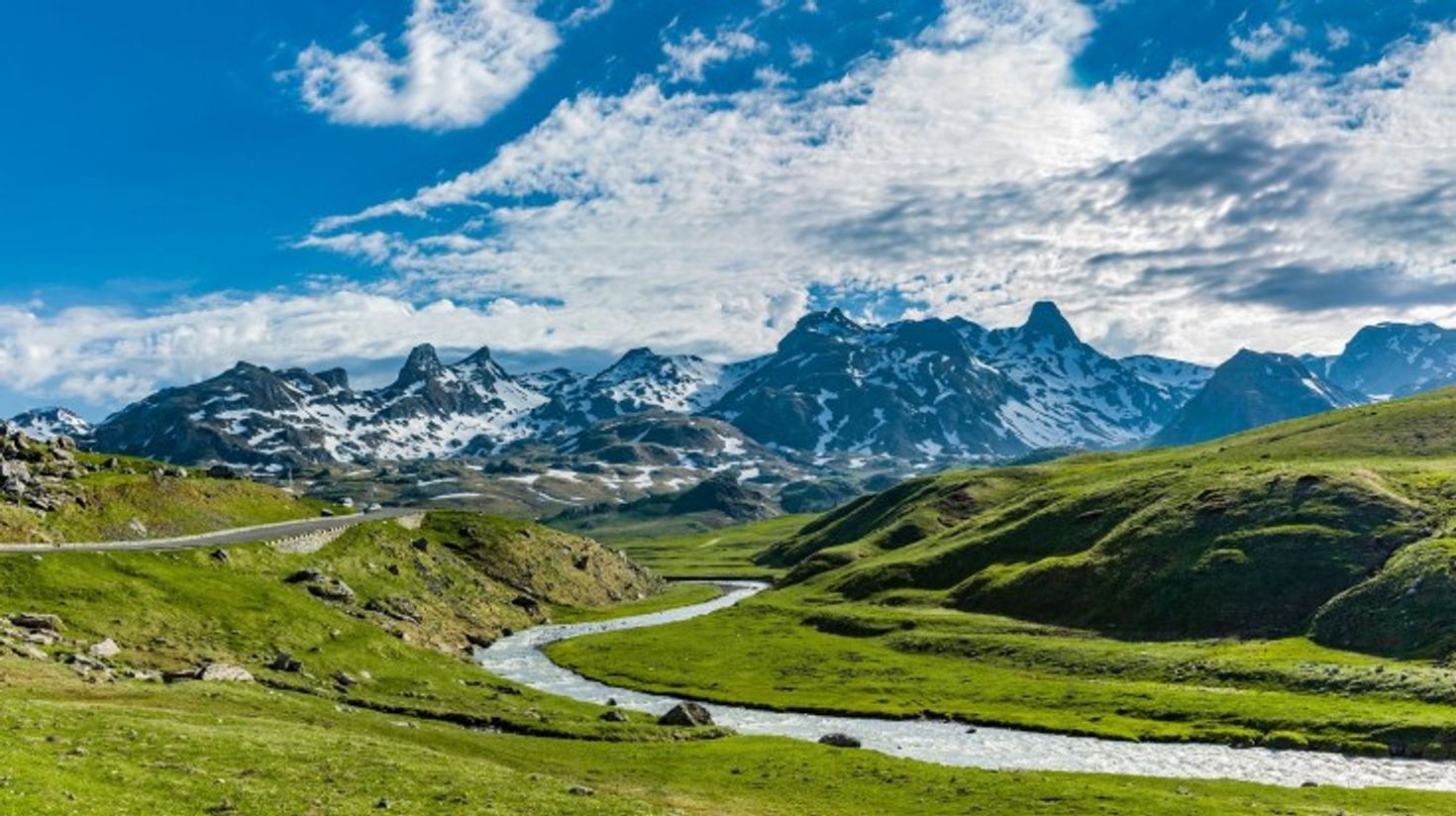 Landscape of Pyrenees Mountains on a cloudy day in Spain.