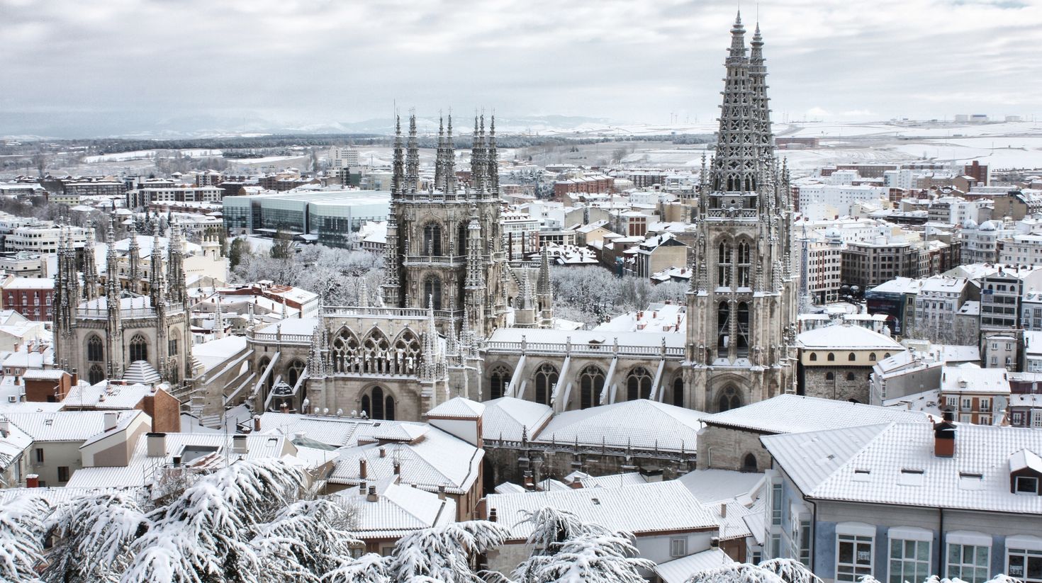 Cathedral of Burgos snowy during winter in Burgos, CL, Spain