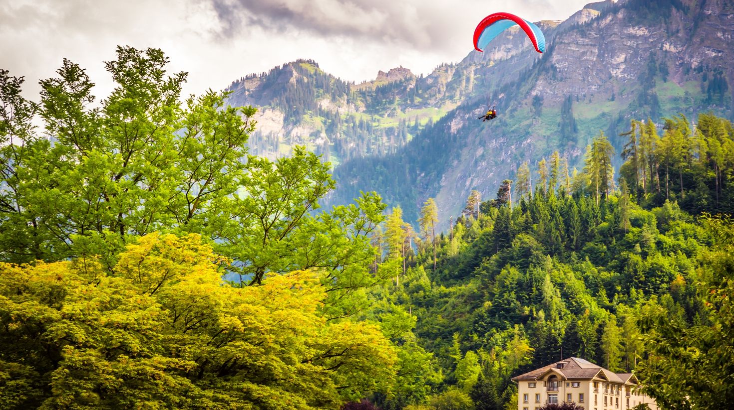 Interlaken, a small city in the Bernese Highlands Region of central Switzerland. It is situated 'between the lakes' and offers the most beautiful views of Lake Thun and Lake Brienz as well as the surrounding mountains.