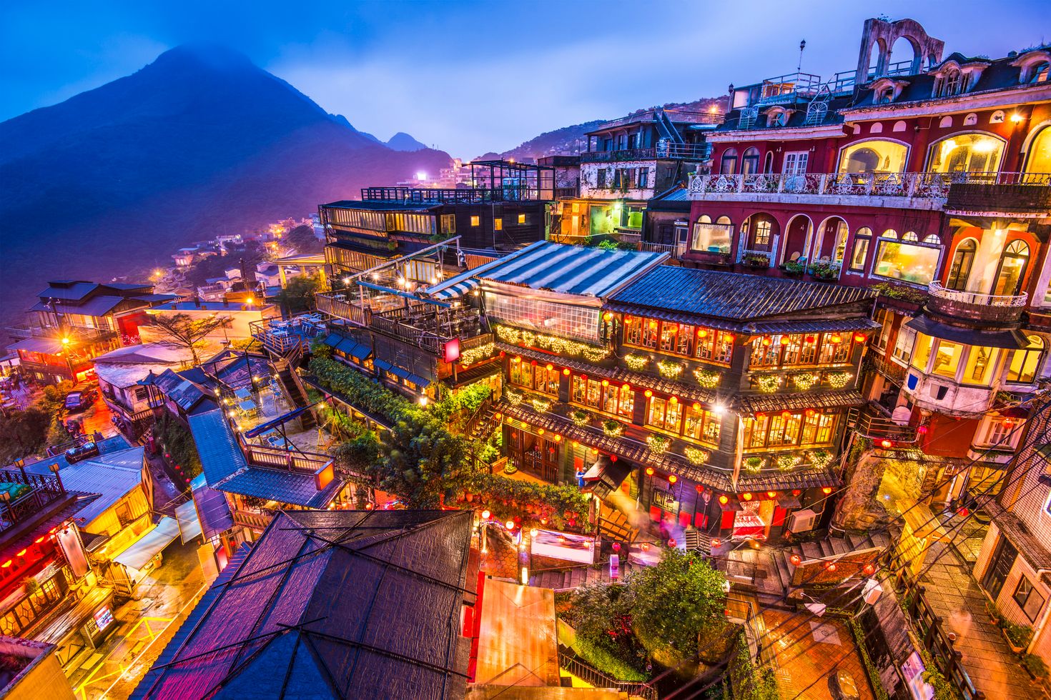 The hillside teahouses in Jiufen, Taiwan during autumn.