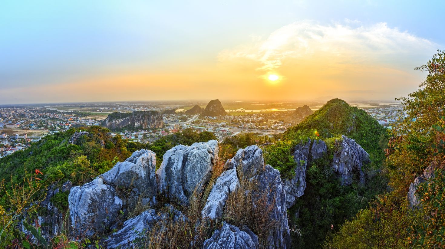 The Marble Mountains, a cluster of five hills, during sunset.