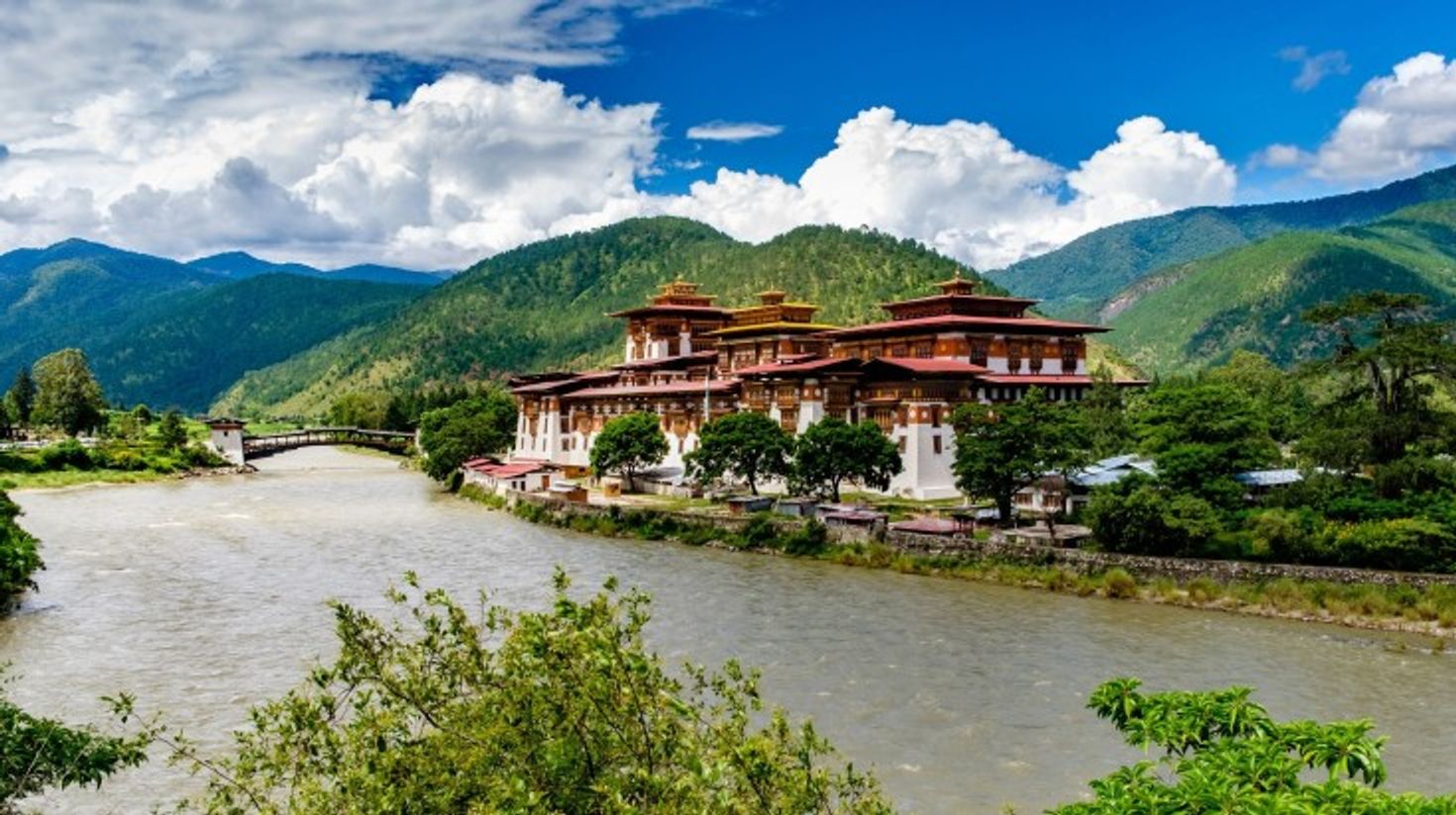 An old monastery in Punakha on a clear day in Bhutan.