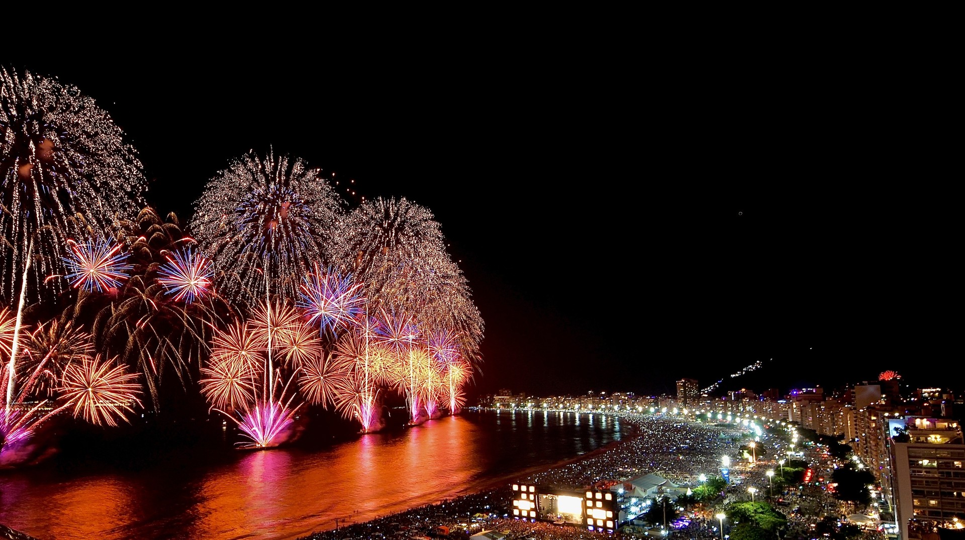 Copacabana hosts elaborate celebrations to welcome the New year and bid adieu to the year gone. New Year's Party in Copacabana, Brazil in January