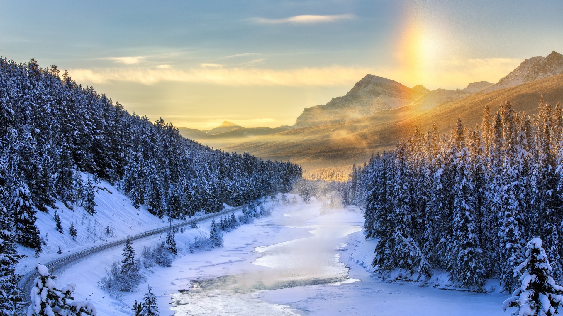 A wide view of Canadian Rockies in Canada in December.