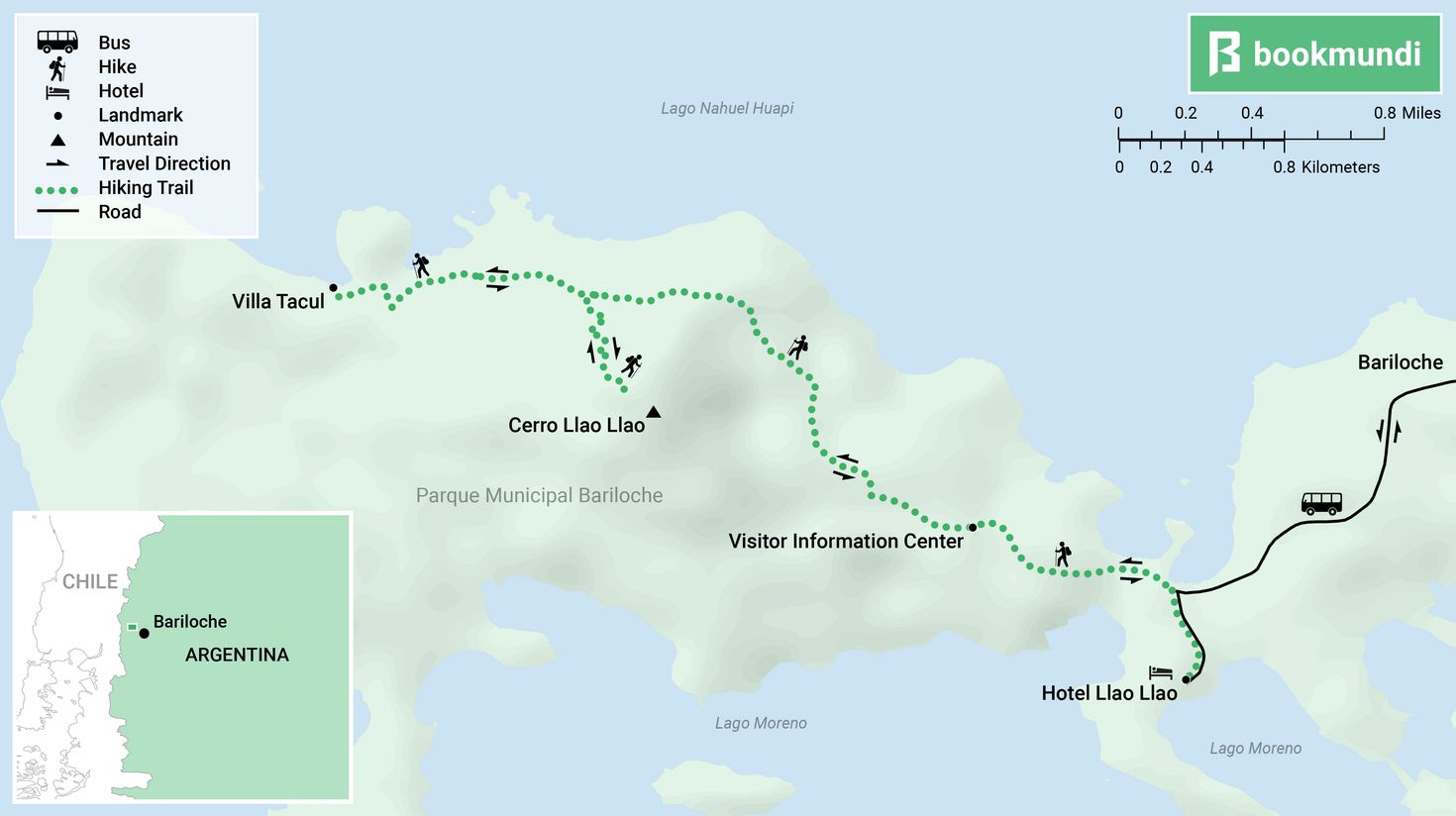 The map shows the Cerro Llao Llao hiking trail and bus route. Cerro Llao Llao map