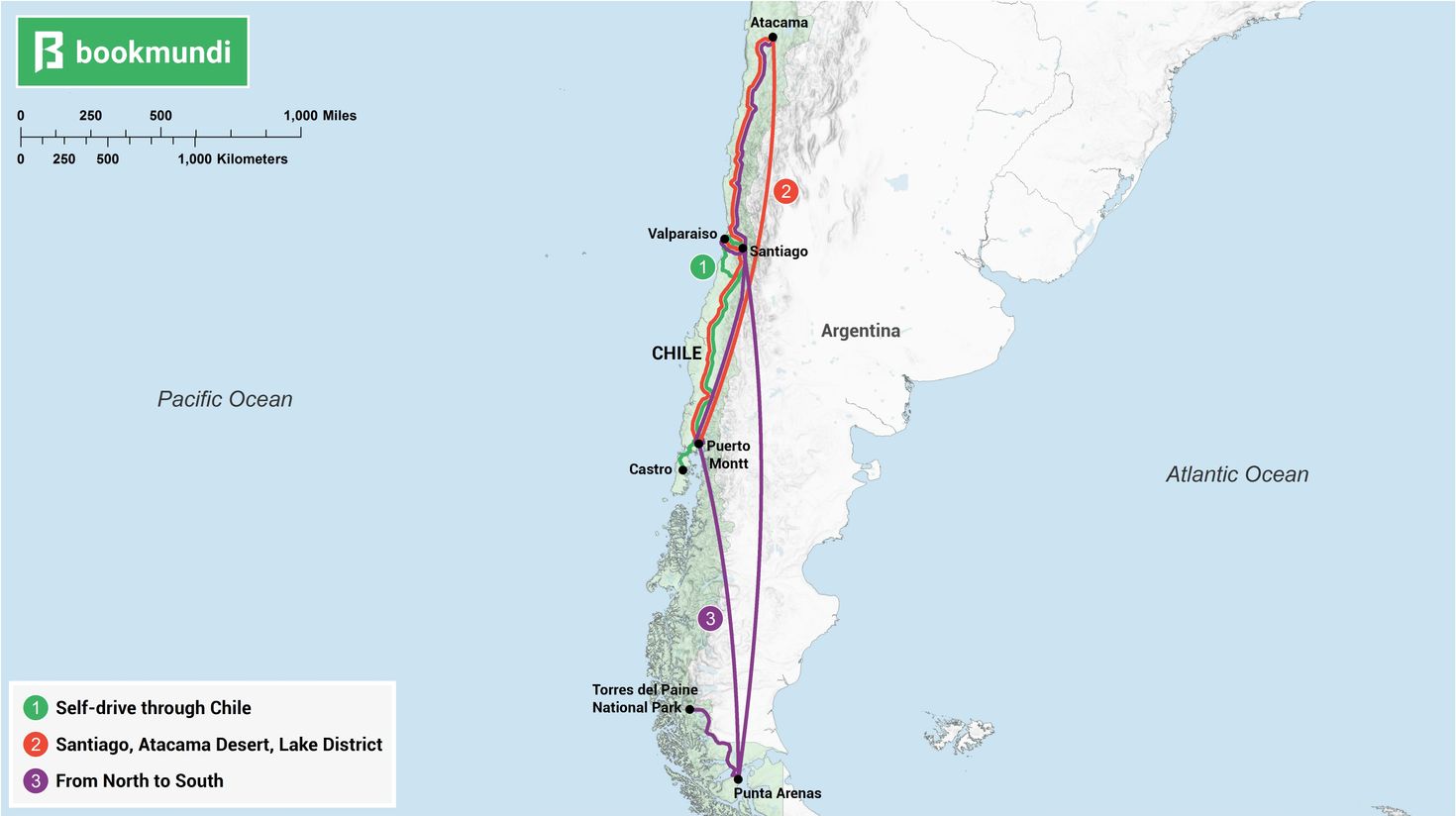 An overview map of different itineraries in Chile.