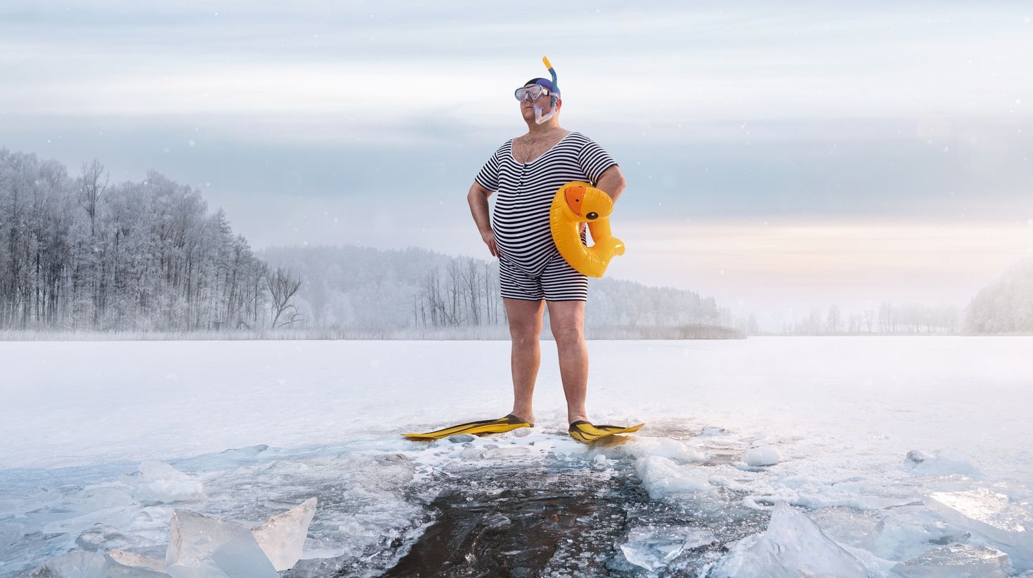 swimmer standing by the ice hole in the lake, at the cold sunrise with copy