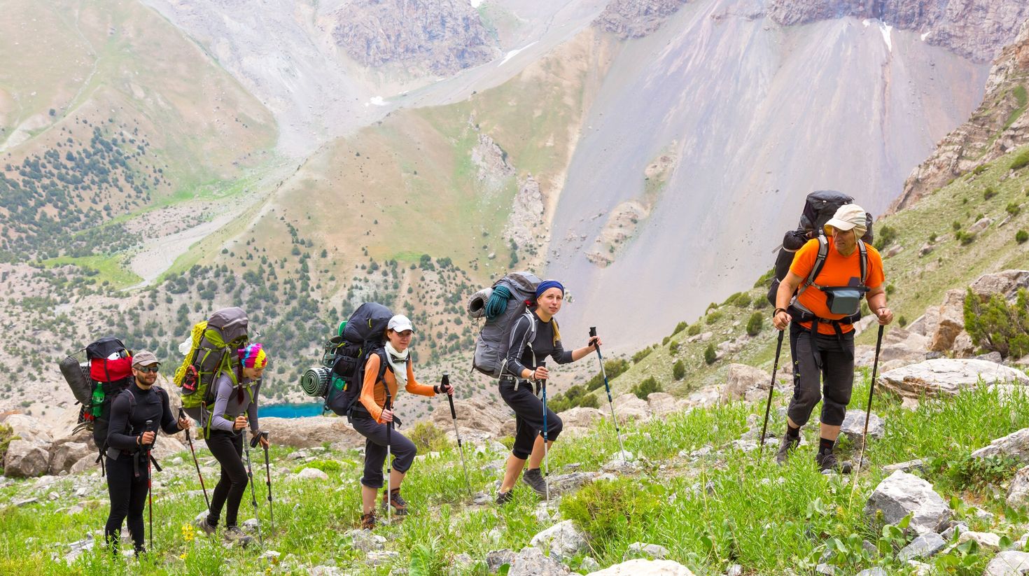 A group of people hiking in Patagonia during March.