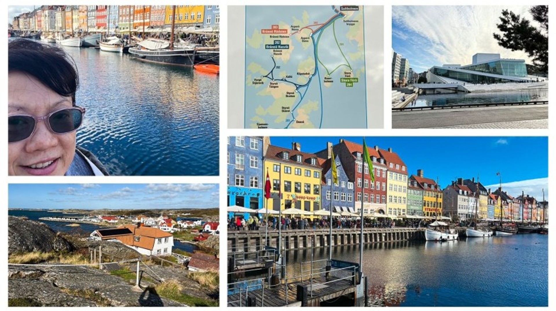 A photo collage of Chin Ching's travel in Scandinavia, showing the harbour in Copenhagen and other places in Norway and Sweden.