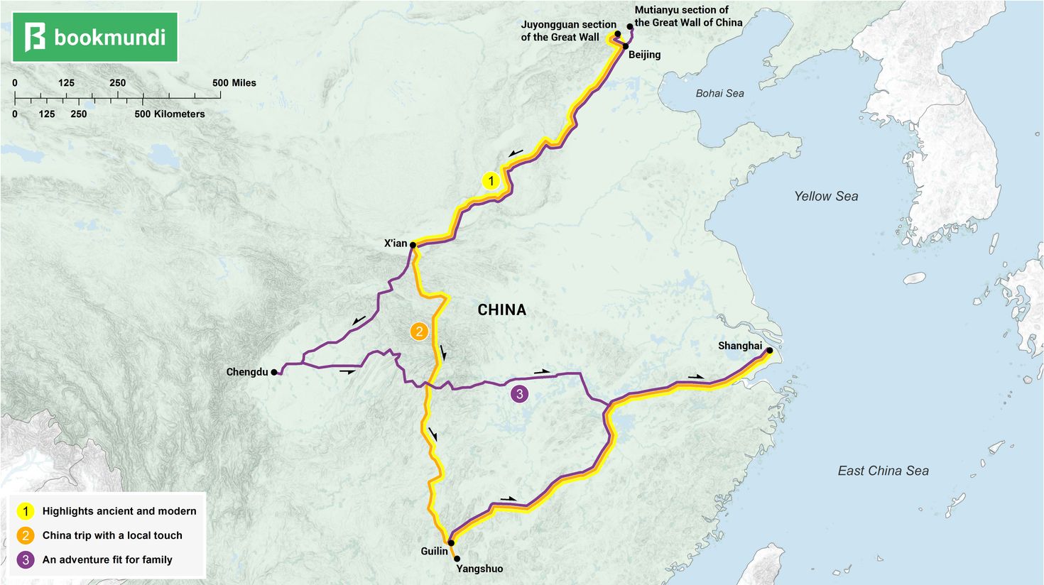 An overview map of the routes of 10 day China itineraries.