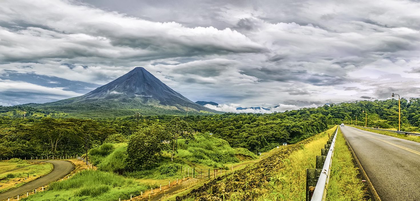 The view of Arenal volcano on a cloudy day in Costa Rica