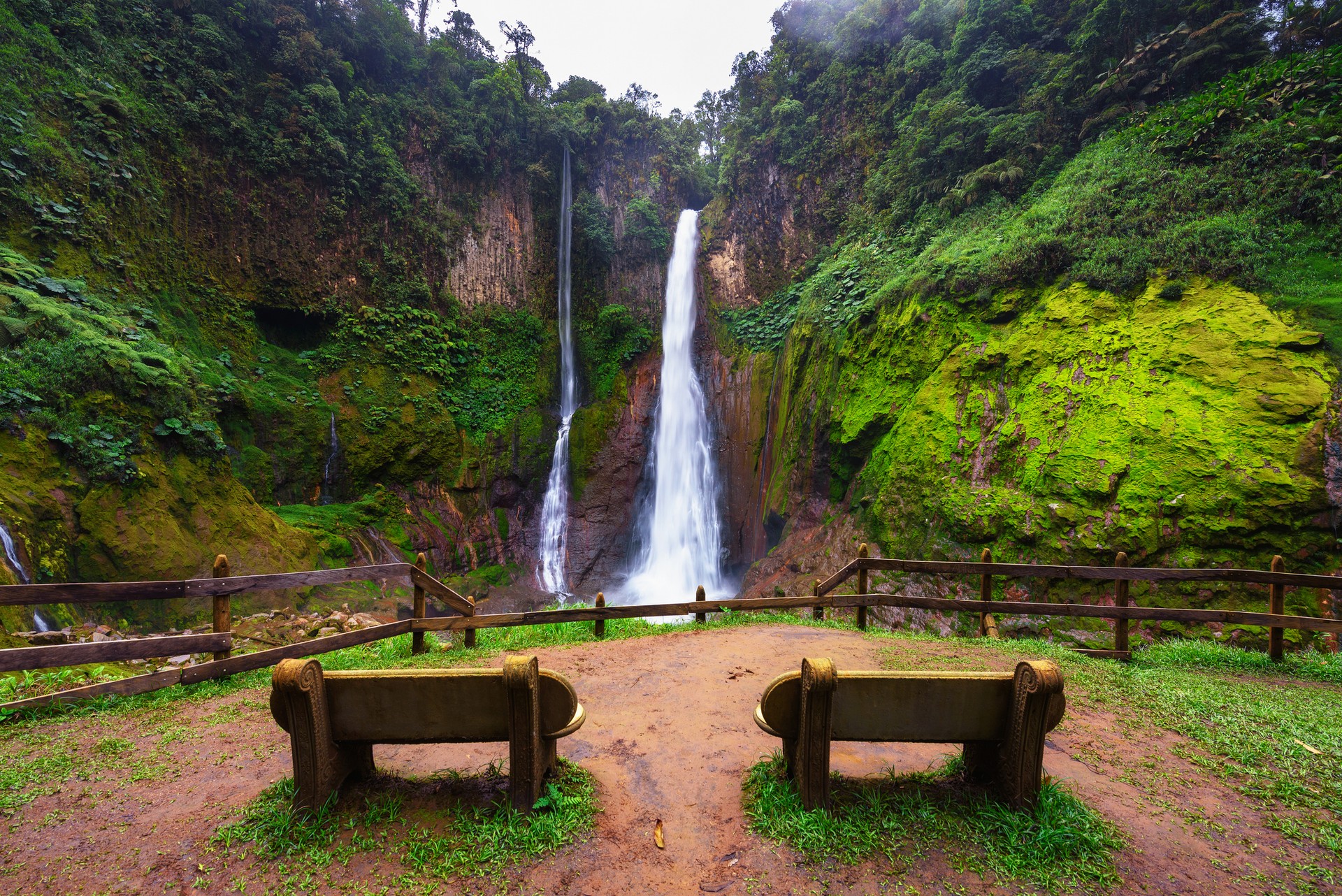Empty benches at the Catarata del Toro waterfall in Costa Rica in June.