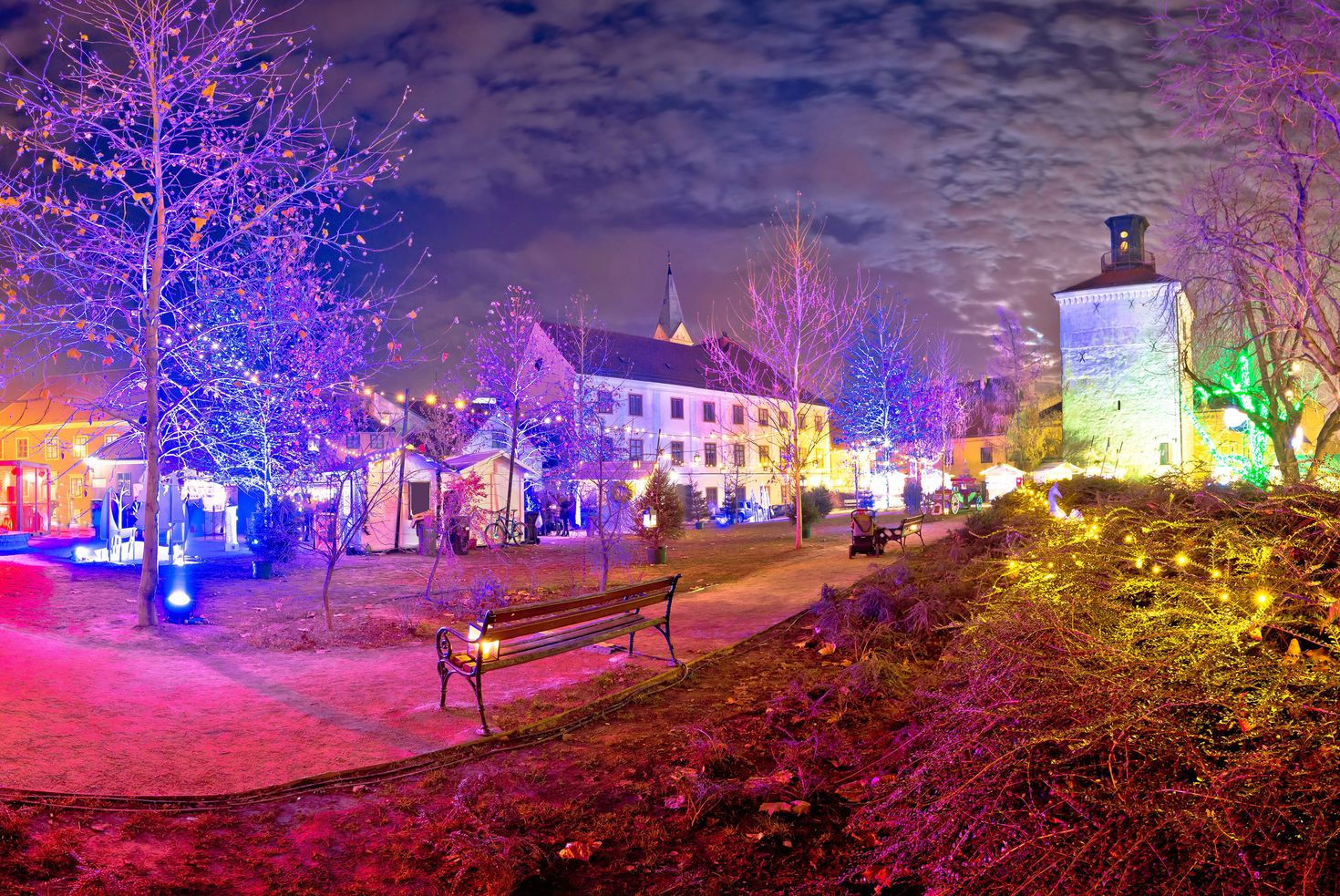 Zagreb upper town christmas market evening view, Croatia in January