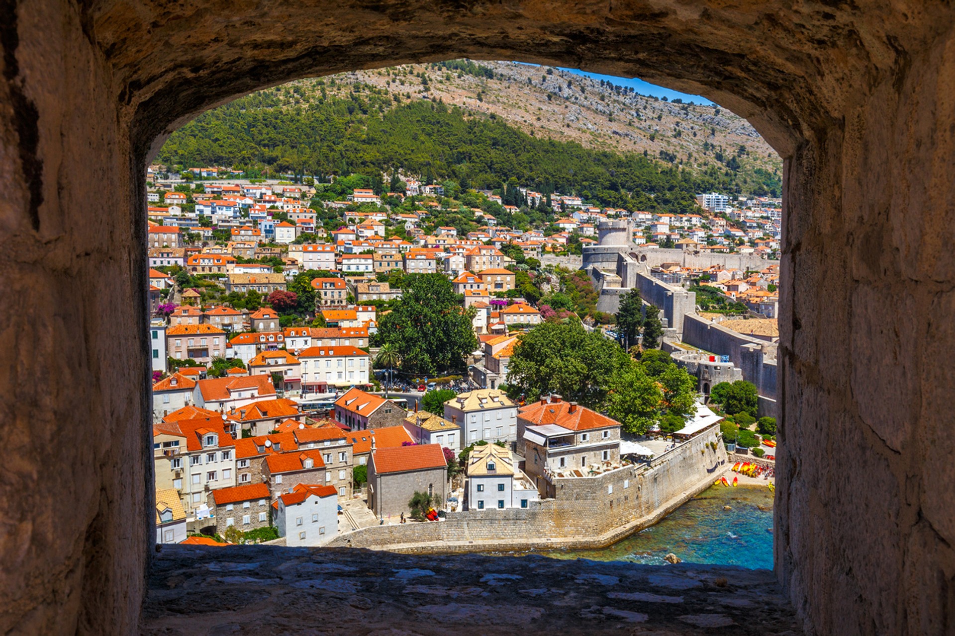 Dubrovnik is an old town, encircled with massive stone walls which was completed in 16th Century. The view of Dubrovnik from Fort Lovrijenac in Croatia in March