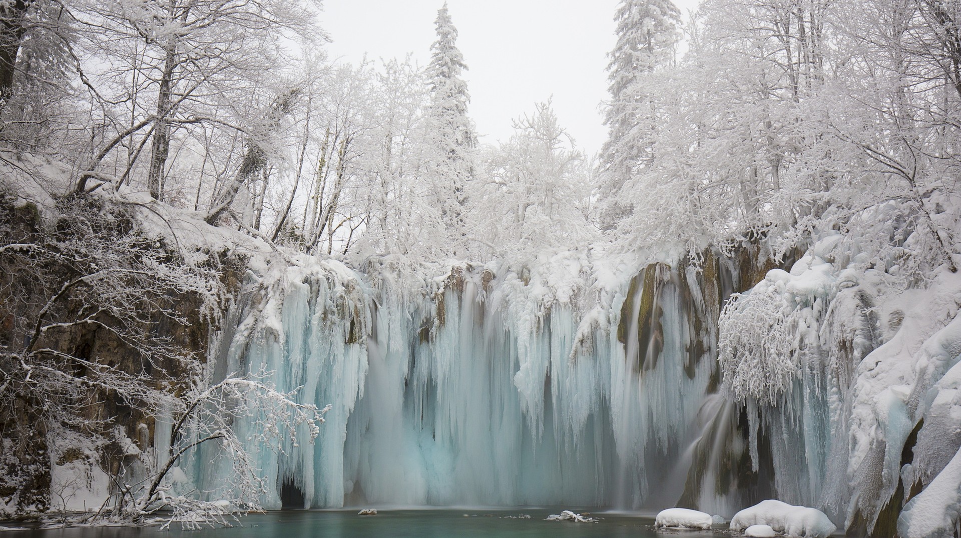 Plitvice National Park is covered with snow in Croatia in winter.