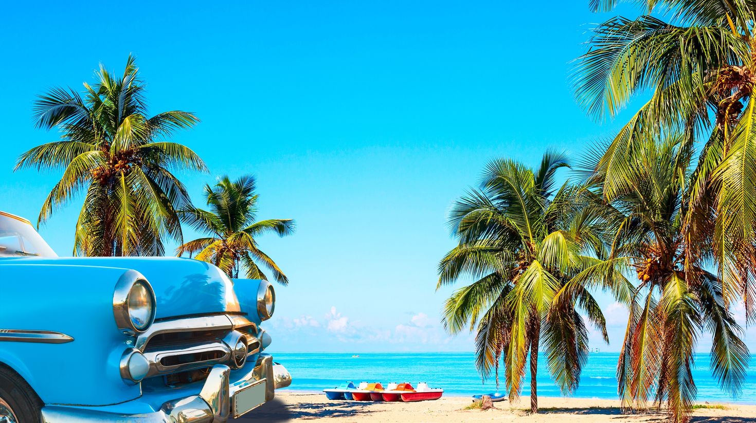 The tropical beach of Varadero, American car in Cuba in July