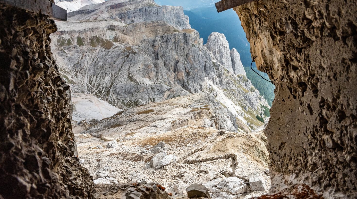 View out of a loophole of the Mount Lagazuoi tunnels in the Dolomite.