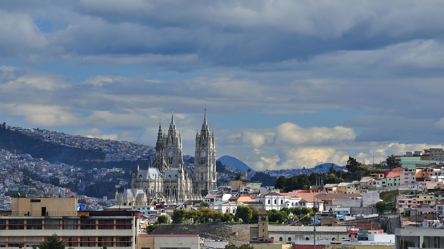 The weather in Quito in January is cool and you can even see the Basilica.