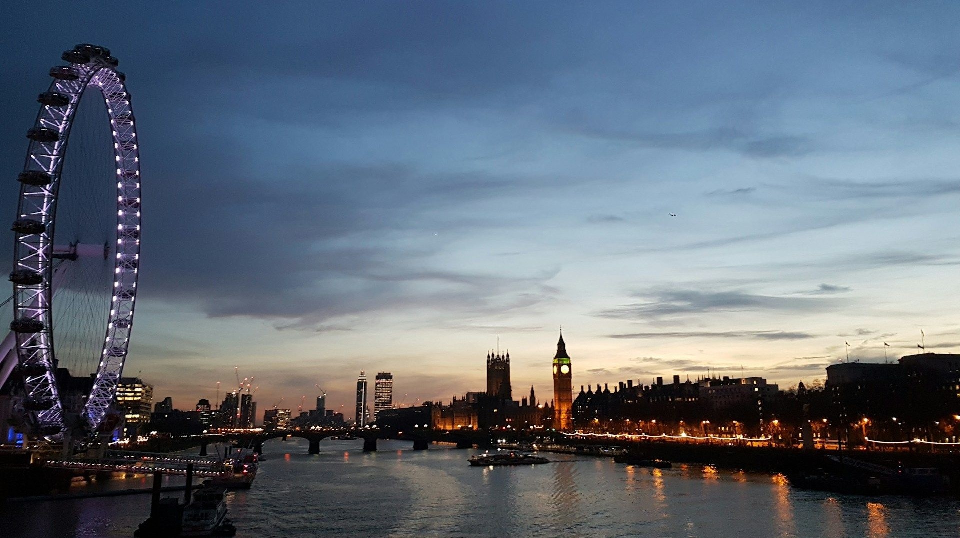 Evening cityscape of London with Big Ben and London eye in view