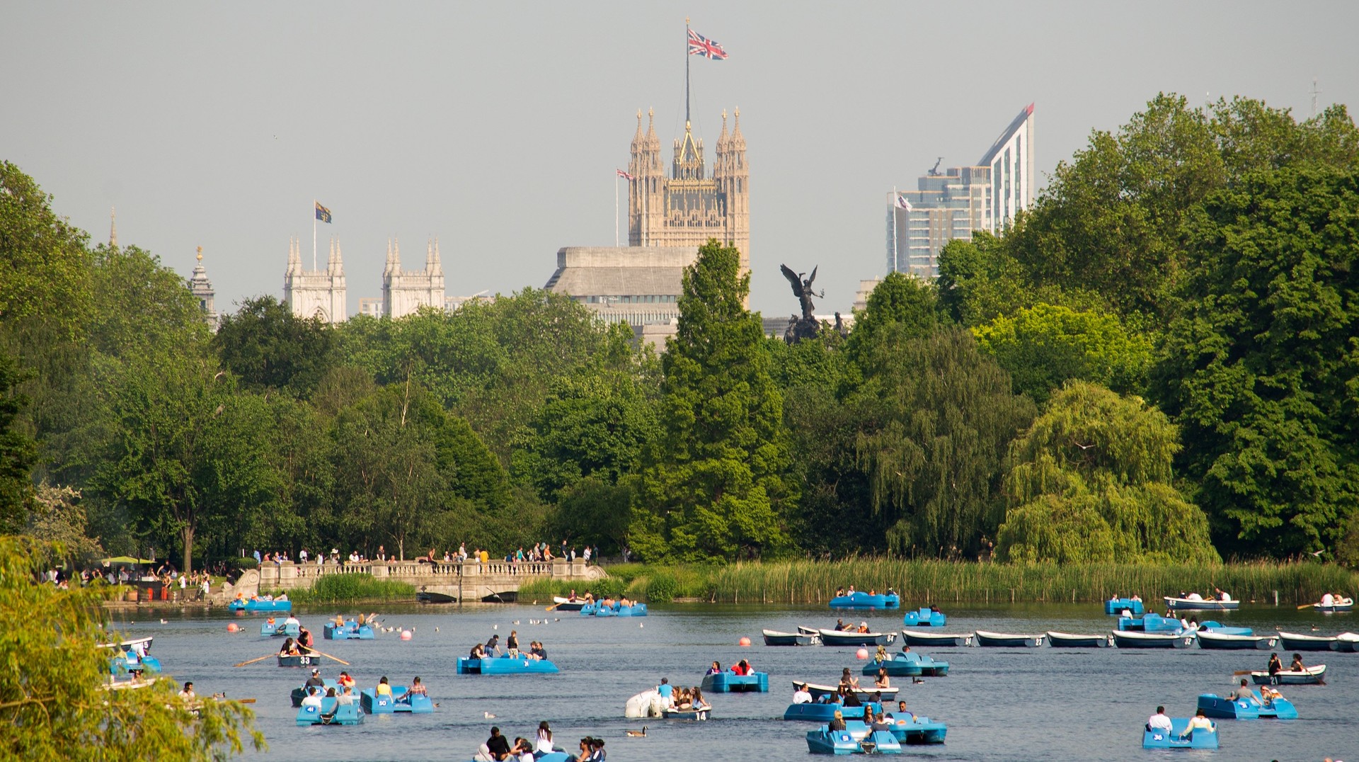 Tourists in Hyde Park, England, in August.