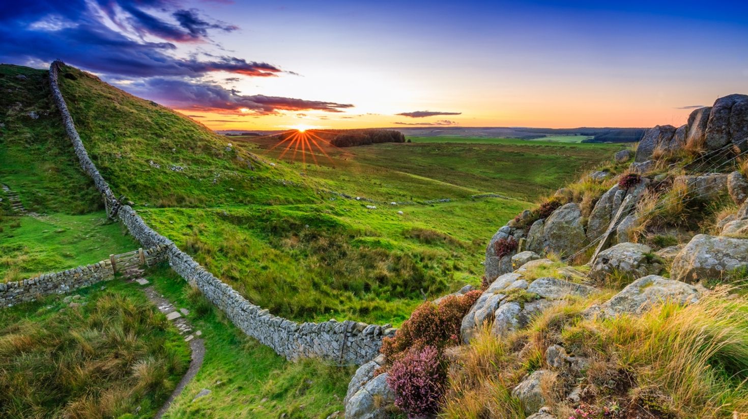 Sunset at Hadrian Wall in Northumberland in England.