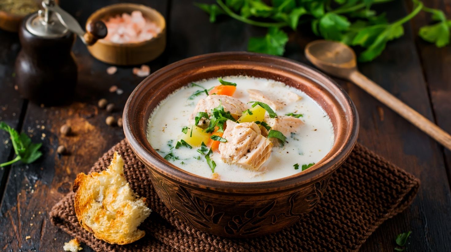 Warm Finnish creamy soup with salmon and vegetables.