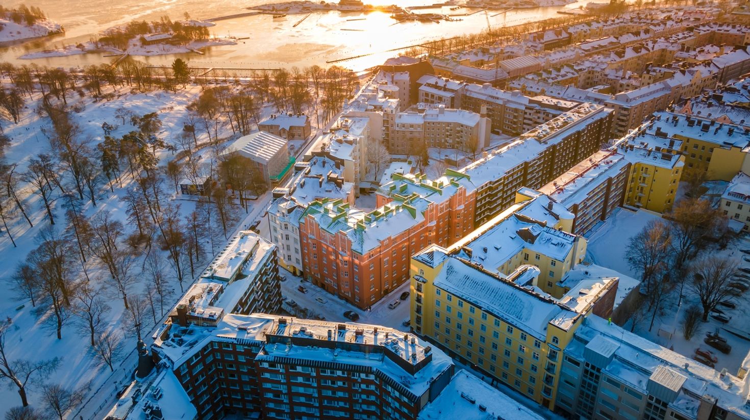 Snow covered Helsinki in Finland in December.