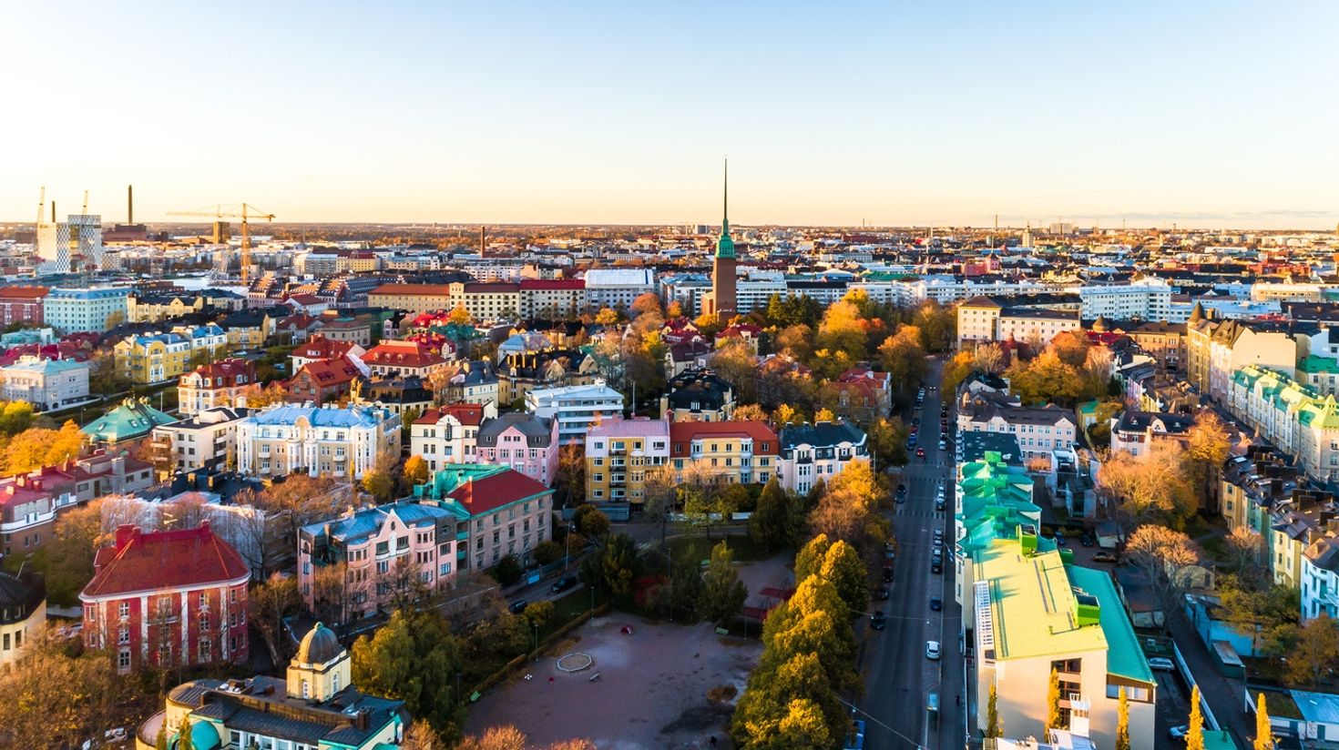 Helsinki aerial panoramic view at sunset in Finland in June.