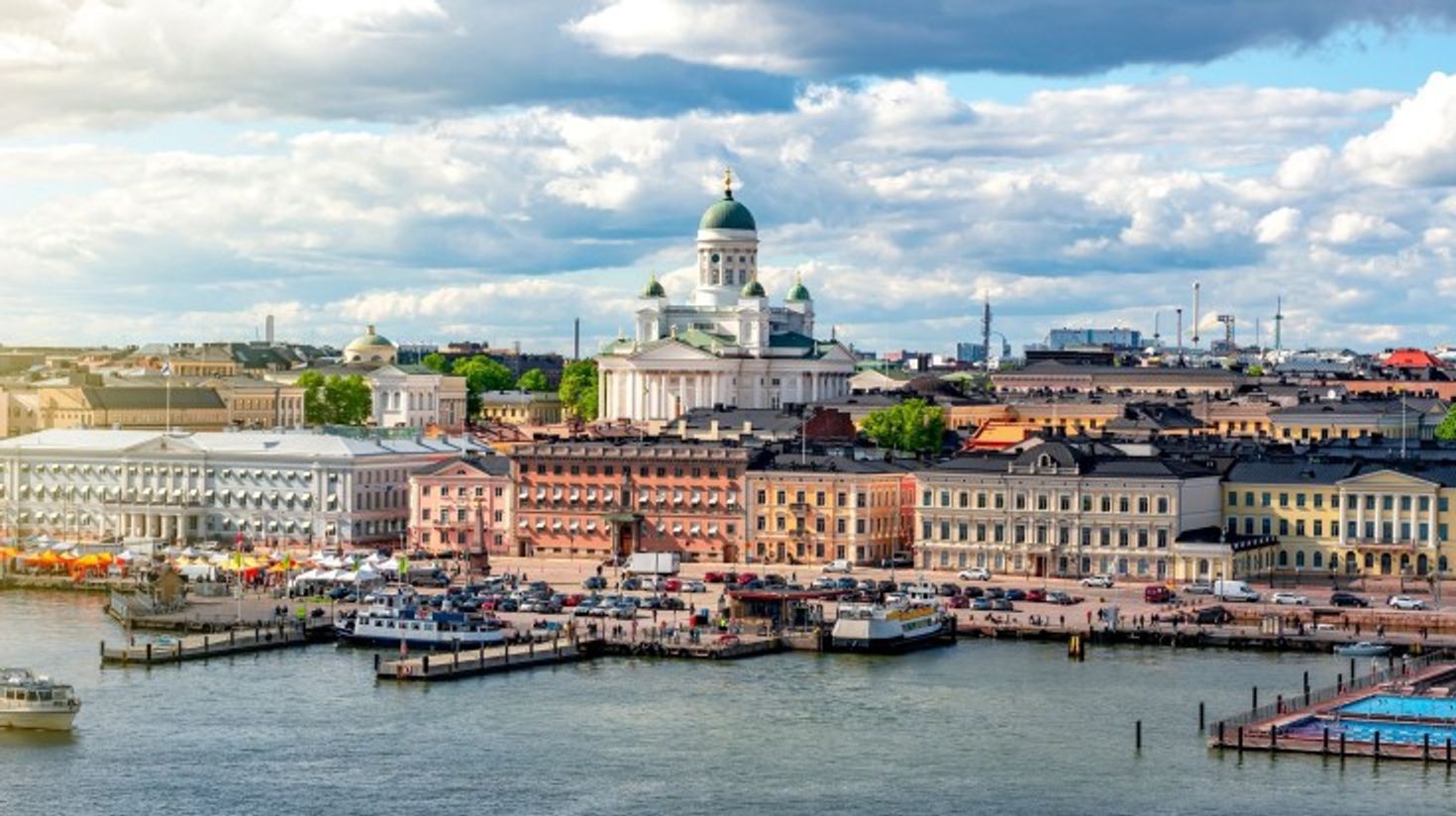 View of Helsinki with Helsinki Cathedral on a cloudy day in Finland.
