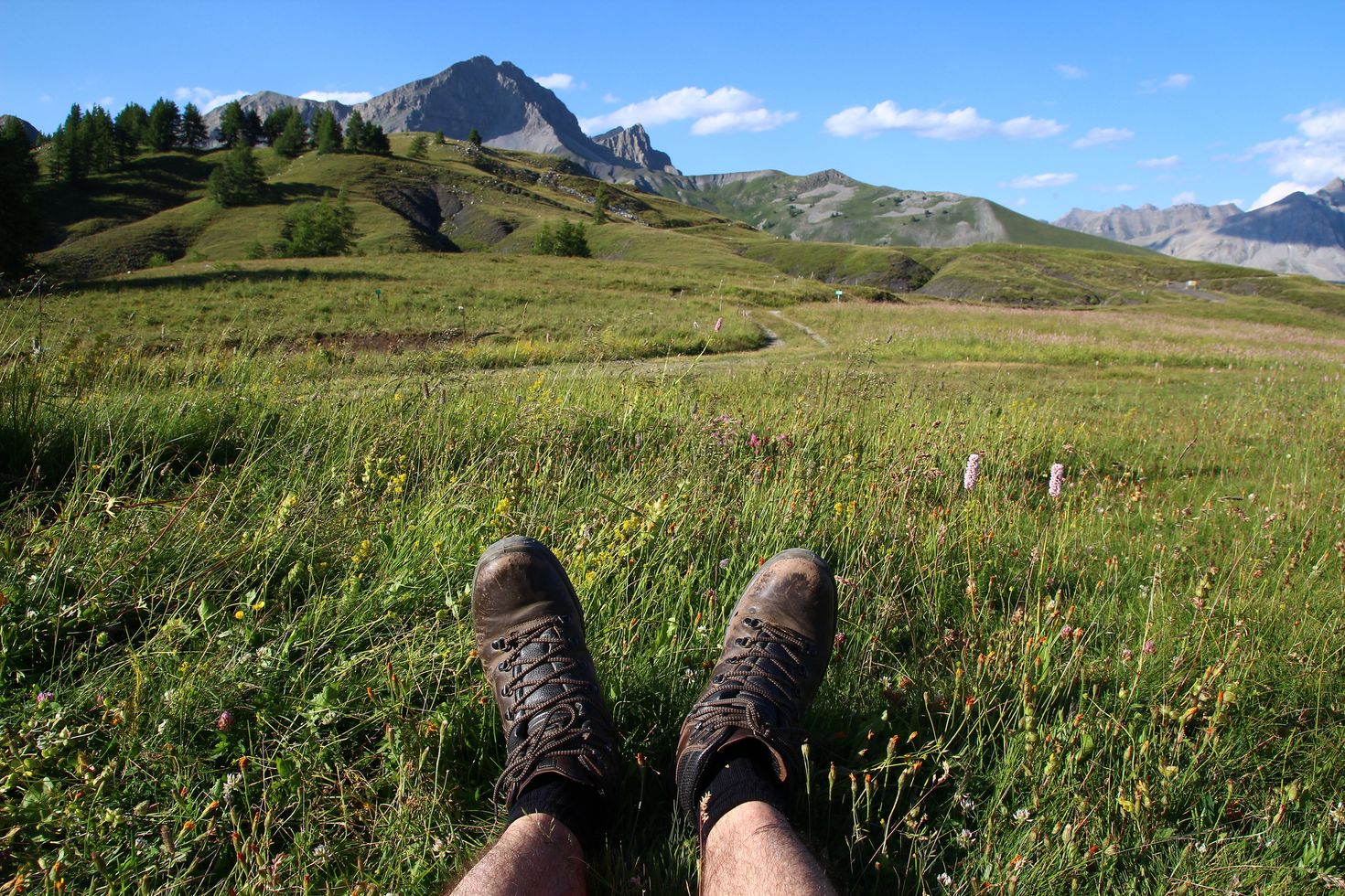 Hiking boots of a hiker resting on the grass in July in Provence, France in August.
