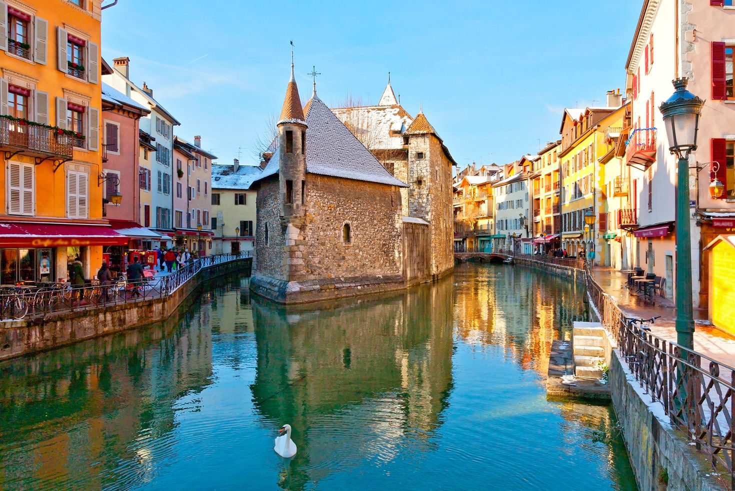 The buildings between the river in Haute-Savoie, France