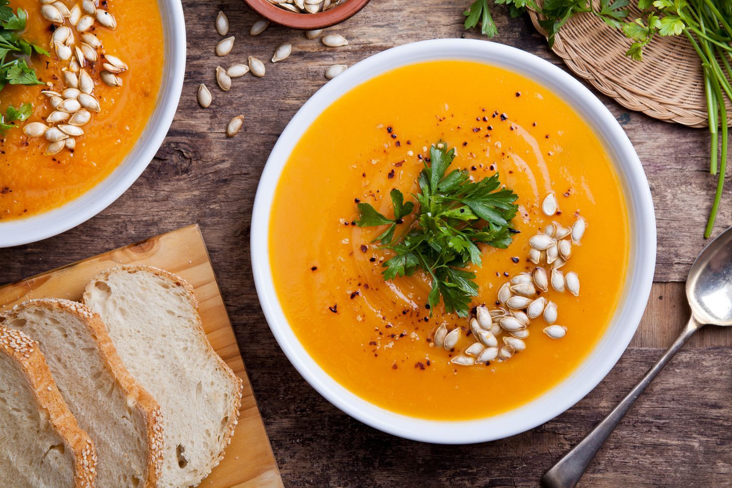 Bowls of homemade pumpkin soup