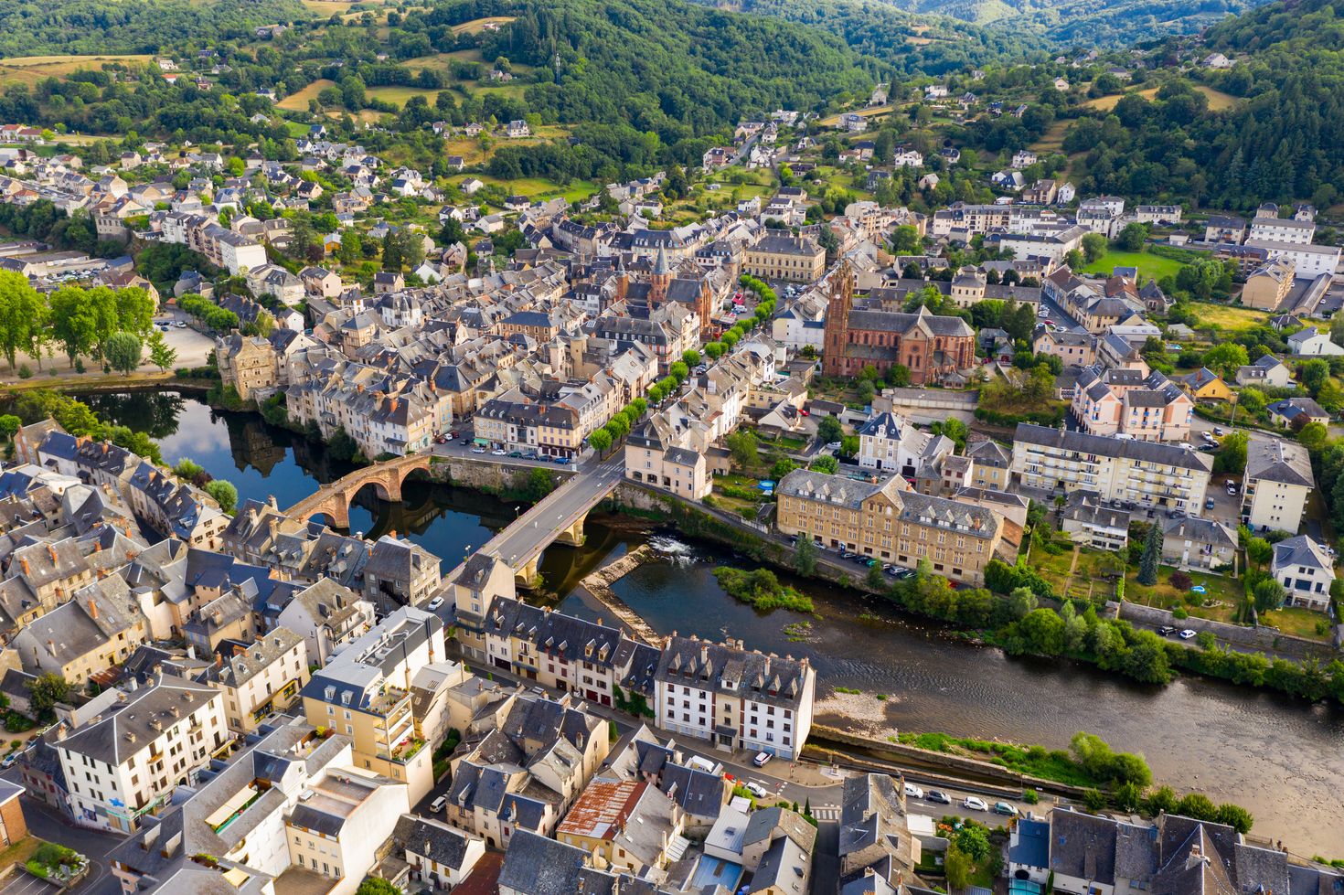 Aerial view of the city of Espalion in France