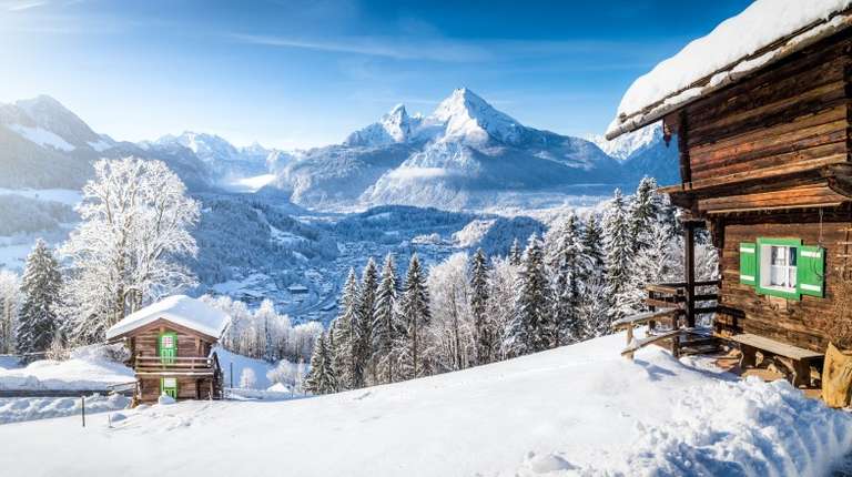 Panoramic view of beautiful winter mountain scenery in the Alps in Germany in November.